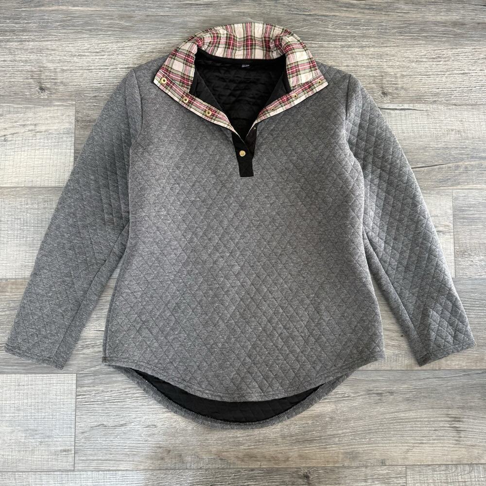 Women's Quilted Cotton 1/4 Snap Button Gray Pullover Plaid Collar Medium